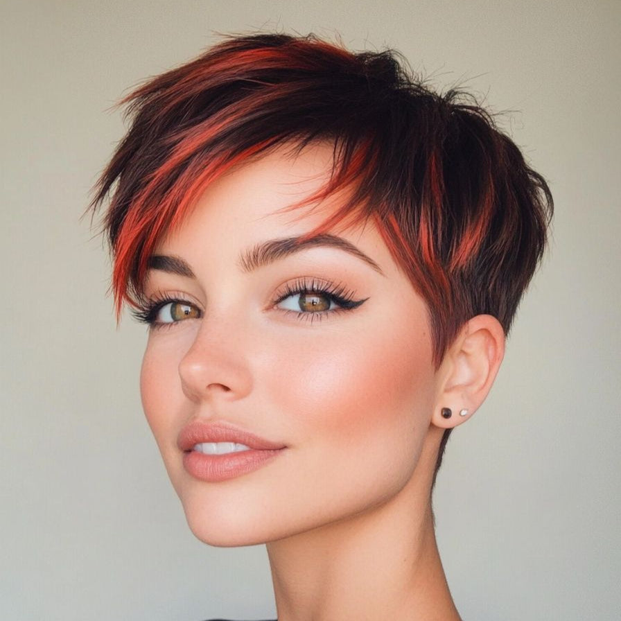 Short Black Pixie Cut Wig with Orange Color Highlight