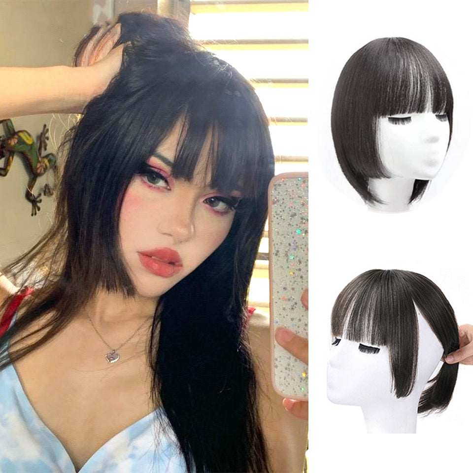 VAVANGA 10inch Long Hair Topper Bangs Clip in 360° Cover Neat Hair Bangs Princess Cut 3D Bangs Topper Flat French Bangs with Thick Temples Natural Curtain Bangs Straight Hair Piece for Women