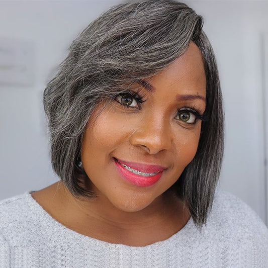 Human Hair Salt & Pepper Glueless Lace Wig 4x4 Straight Pixie Cut Straight for Black Women