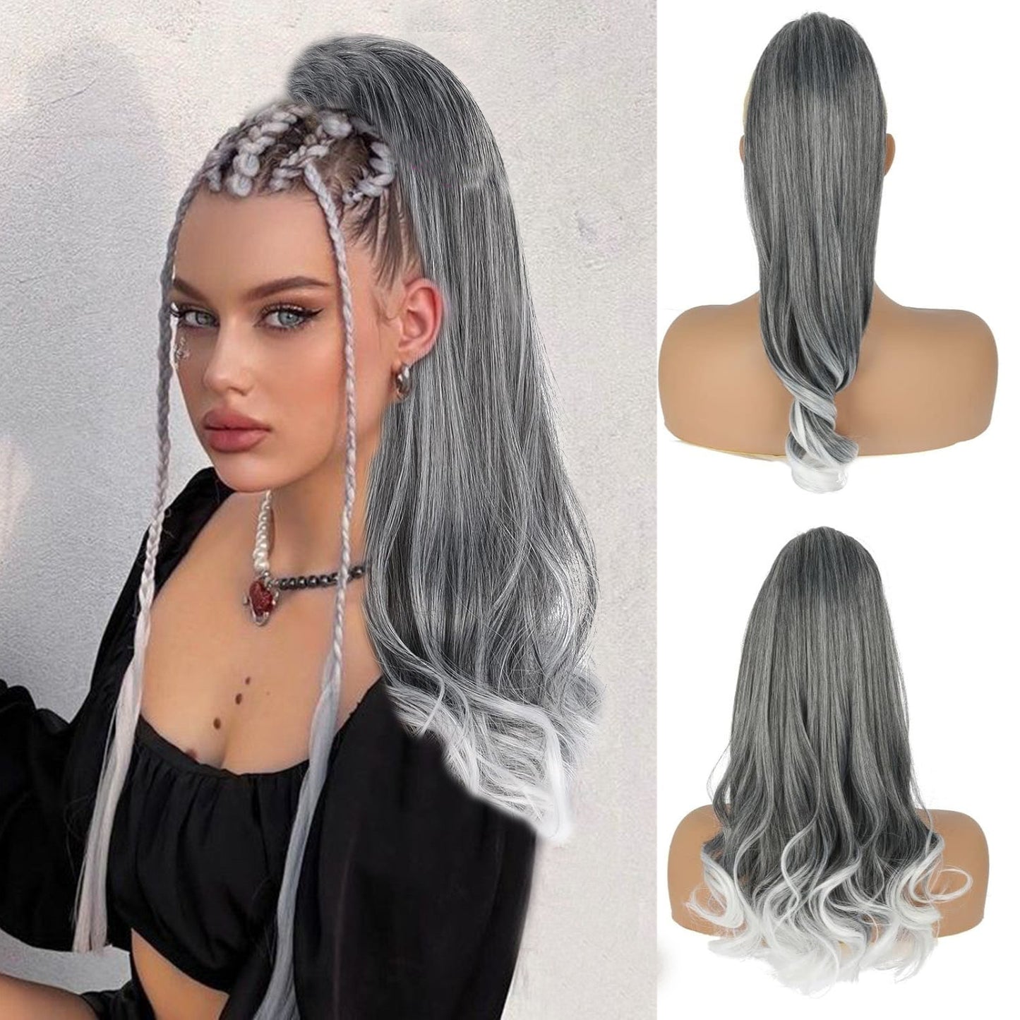 18inch Yaki Drawstring Ponytail Hair Extension Kinky Straight Black Ponytail with Curly End, Thick Straight High Pony Tail with Loose Wave End Hair Piece for Black Women