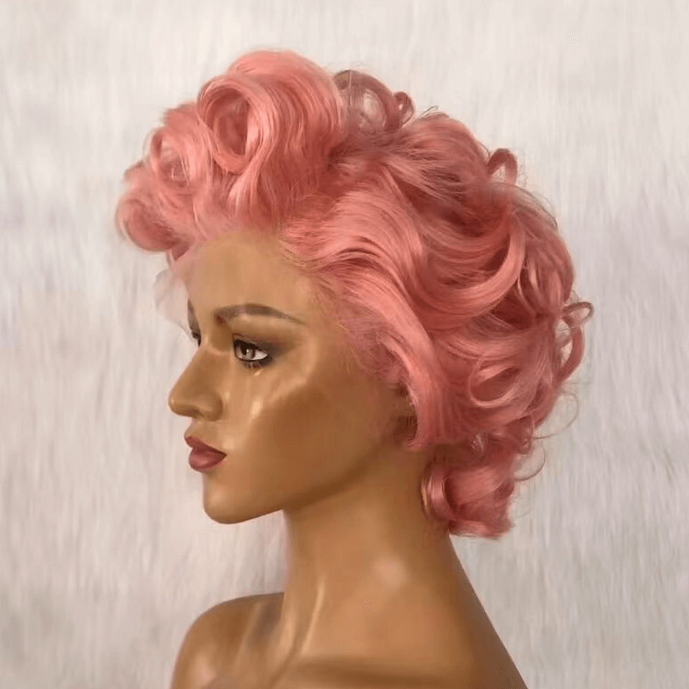 Pink Human Hair Pixie Cut Wig Lace Frontal 13x6 for African American-4