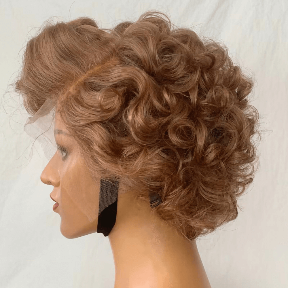 Light Brown Wavy Pixie Cut Lace Wig Brazilian Hair for African American-2