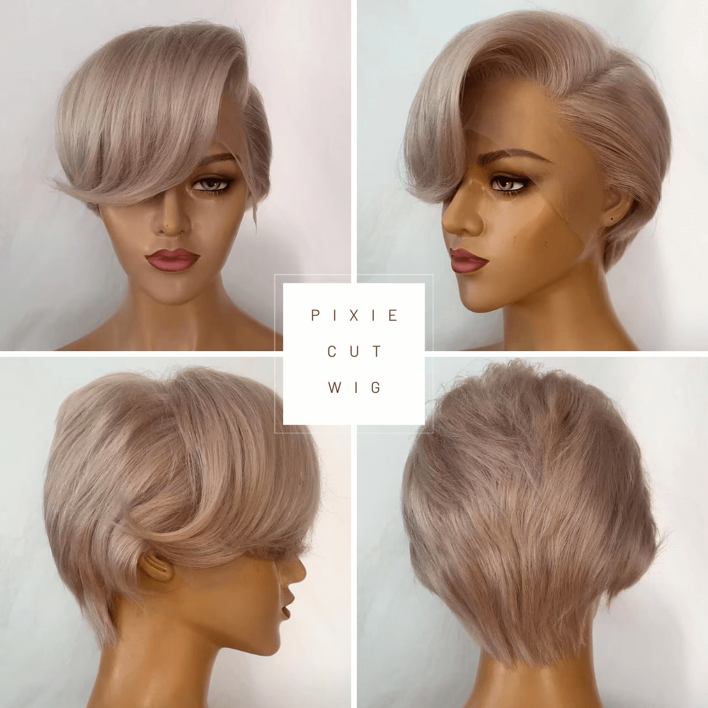 Grey Human Hair Pixie Cut Lace Frontal Wig with Bangs for African American-a