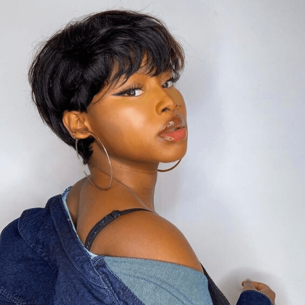 Pixie Cut Wig with Bangs 100% Human Hair Lace Front for African American-model