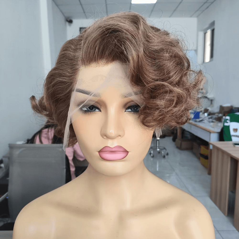 Brown Pixie Cut Wavy Wig Brazilian Hair Lace Front 13x4 for African American-1