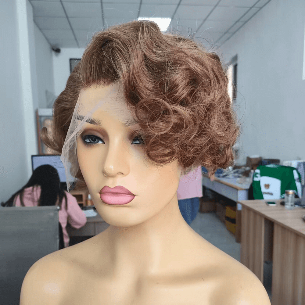 Brown Pixie Cut Wavy Wig Brazilian Hair Lace Front 13x4 for African American-4