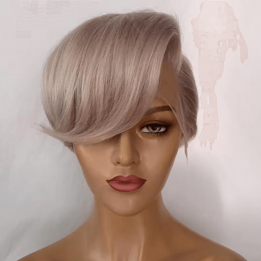 Grey Human Hair Pixie Cut Lace Frontal Wig with Bangs for African American-1