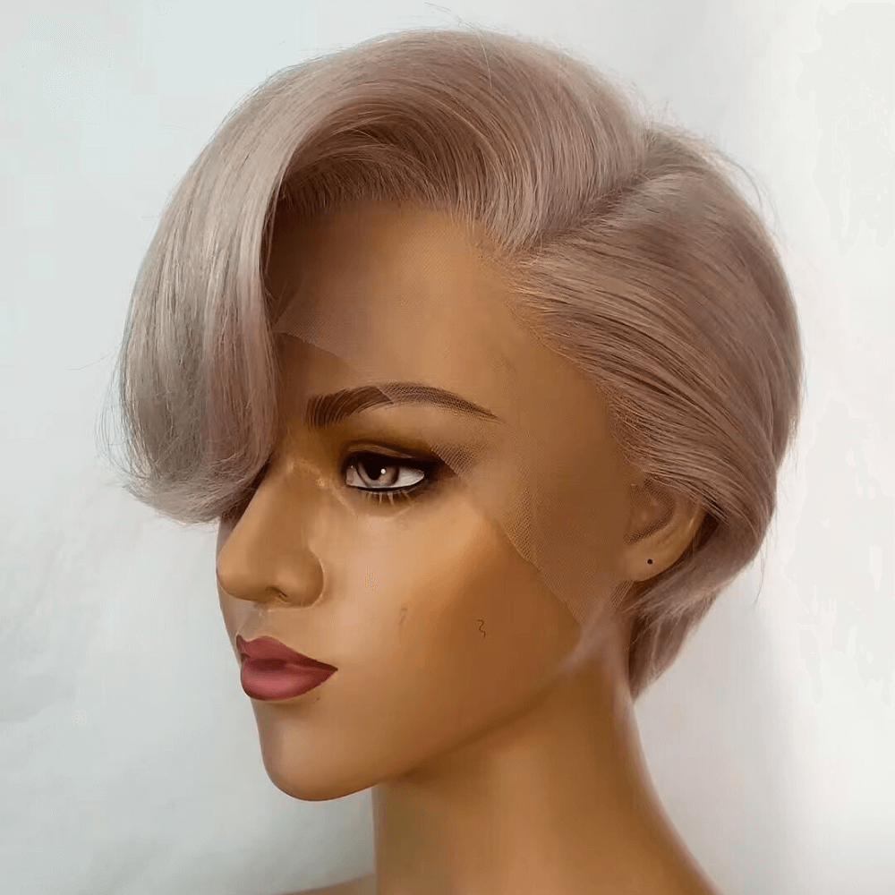 Grey Human Hair Pixie Cut Lace Frontal Wig with Bangs for African American-4