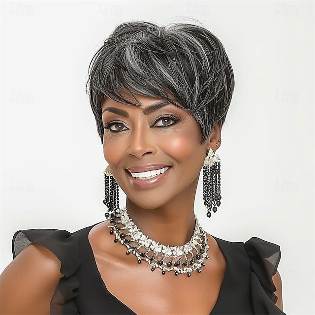 Dark Salt and Pepper Wigs Human Hair Straight Grey Pixie Cut for Black Women
