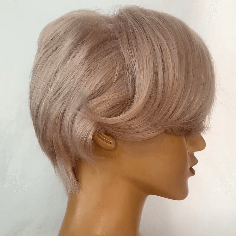 Grey Human Hair Pixie Cut Lace Frontal Wig with Bangs for African American-2