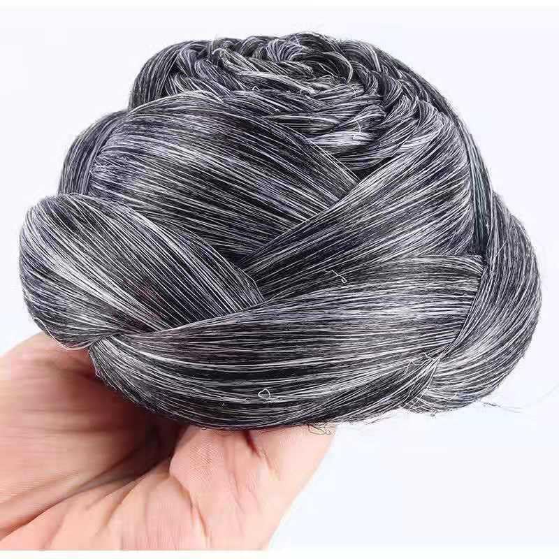 Salt and Pepper Grey Braided Bun with Bang Updo Braid Chignon for Black Women