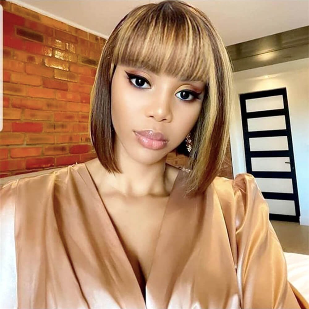 Short Brown Highlight Bob Wig with Bangs Human Hair Lace Frontal for African American-model
