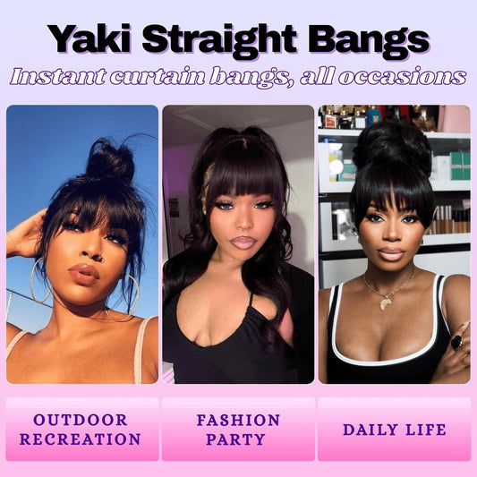 Short Kinky Straight Curtain Bangs Yaki Straight Bangs Hairpiece for Black Women