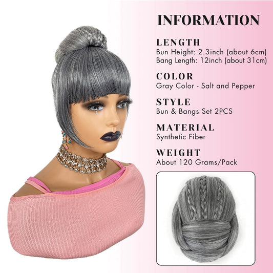 Salt and Pepper Grey Bun & Bang Set Hair Piece for Black Women