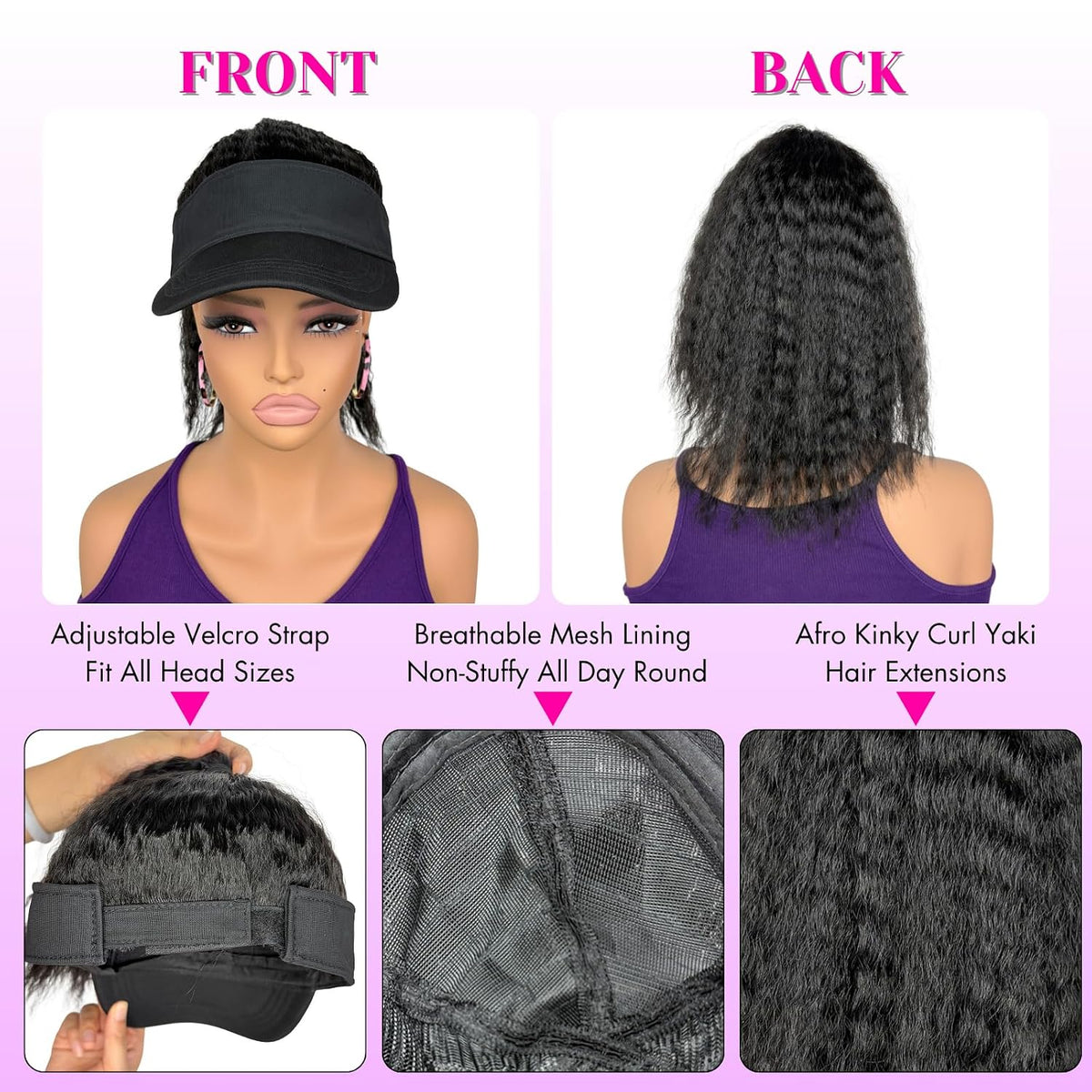 Hat Wigs with Kinky Curly Hair Ponytail Attached for Black Women