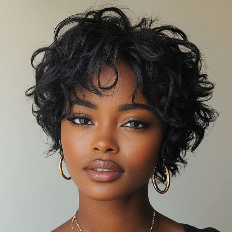 Black Human Hair Pixie Cut Wig Natural Wave Lace Frontal 13x4 for African American