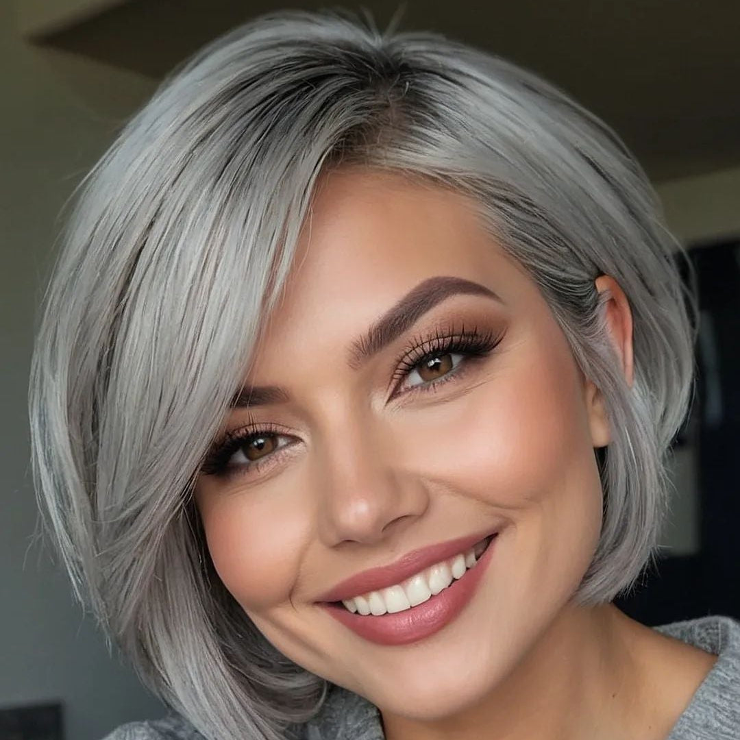 Grey Pixie Cut Lace Wig Lace Frontal Straight Brazilian Hair for African American
