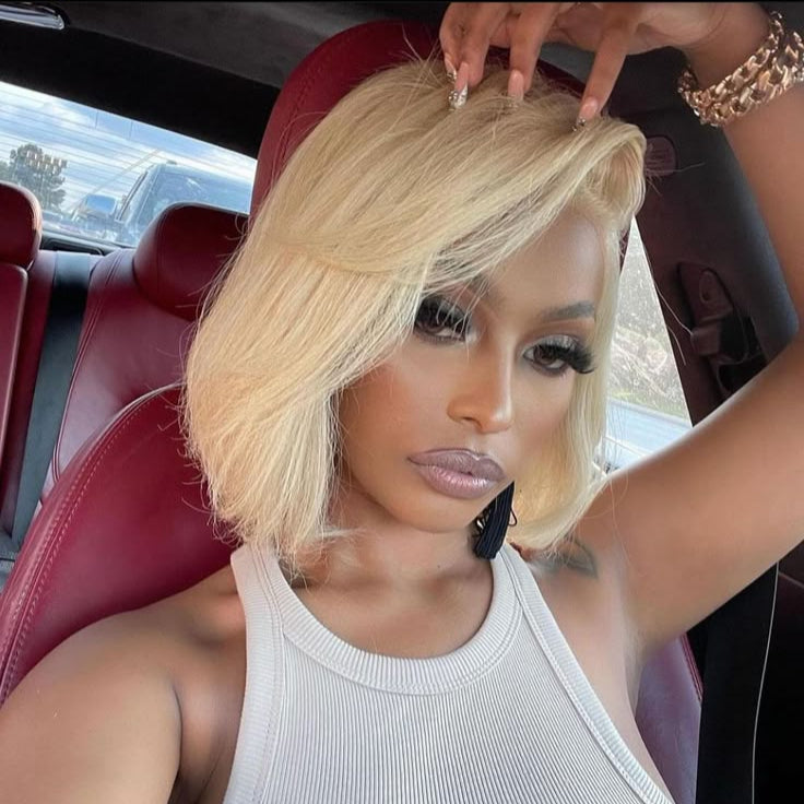 Blonde Pixie Cut Bob Lace Wig with Side Part Bangs Straight Human Hair