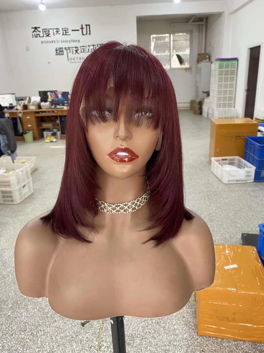 99J Color Human Hair Bob Wig with Bangs Lace Frontal for African American-4