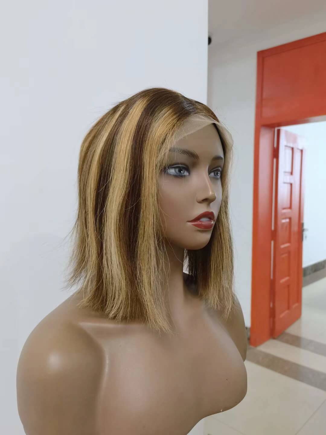 Blonde Highlight Brown Color Bob Wig Human Hair for African American-7