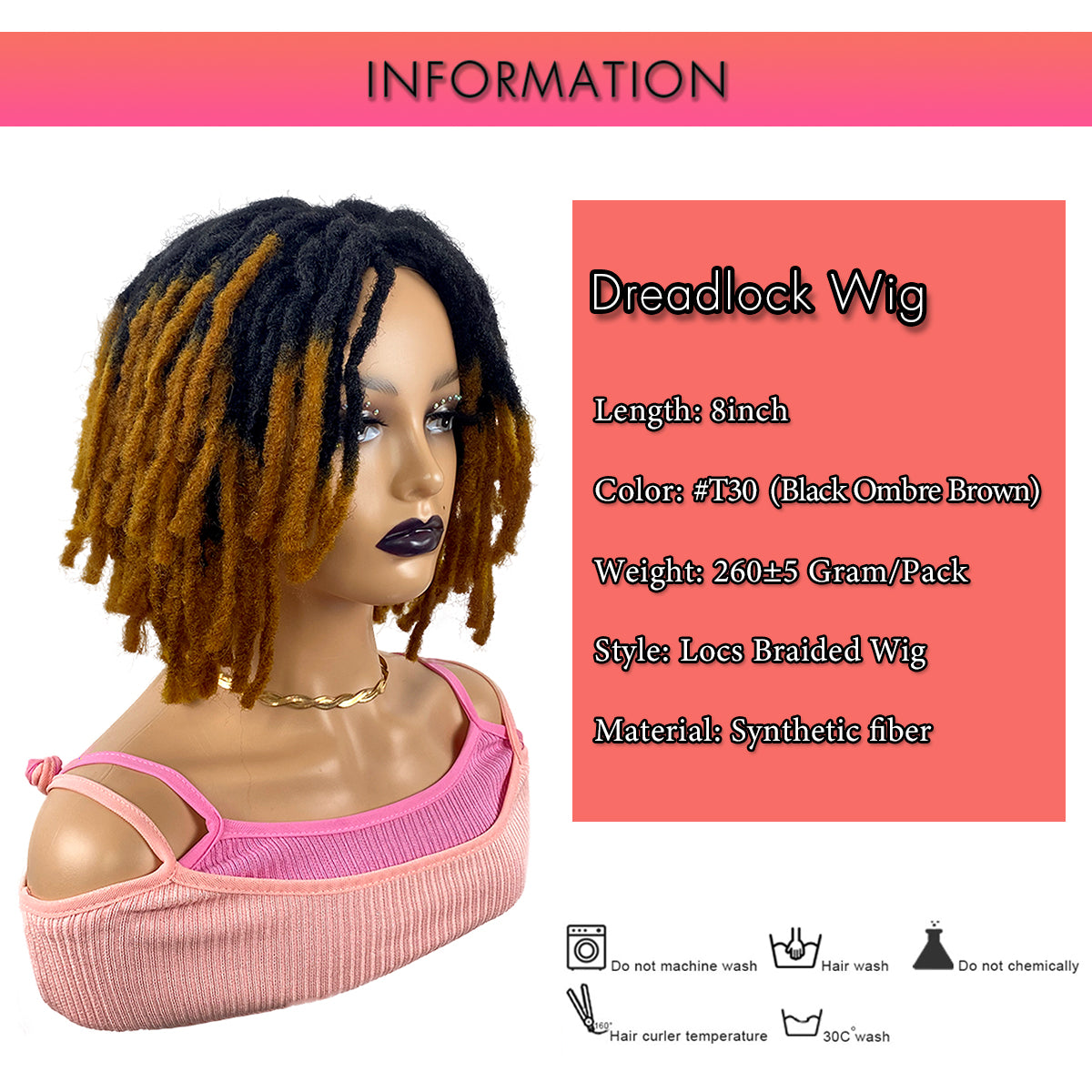 Short Dreadlocks Braided Wig 8inch Ombre Brown Braiding Wig for Black Women