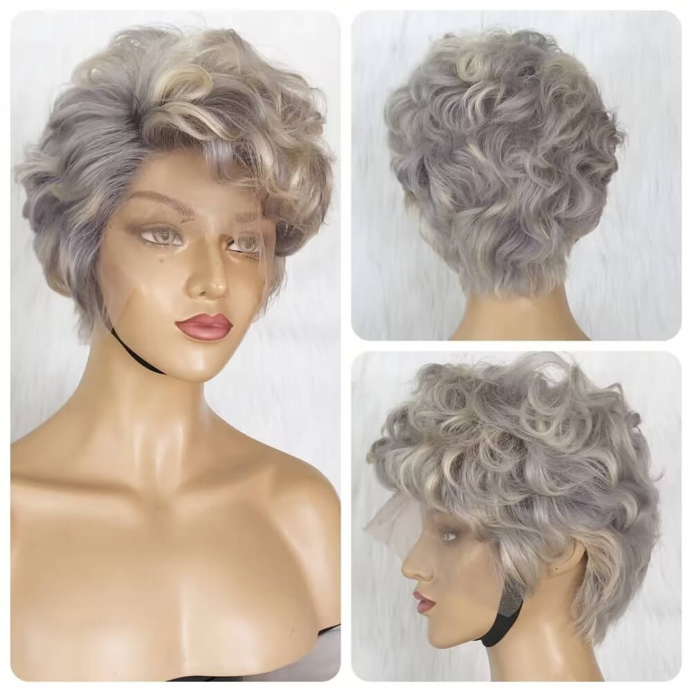 Gray Color Human Hair Curly Pixie Cut Lace Wig for Black Women