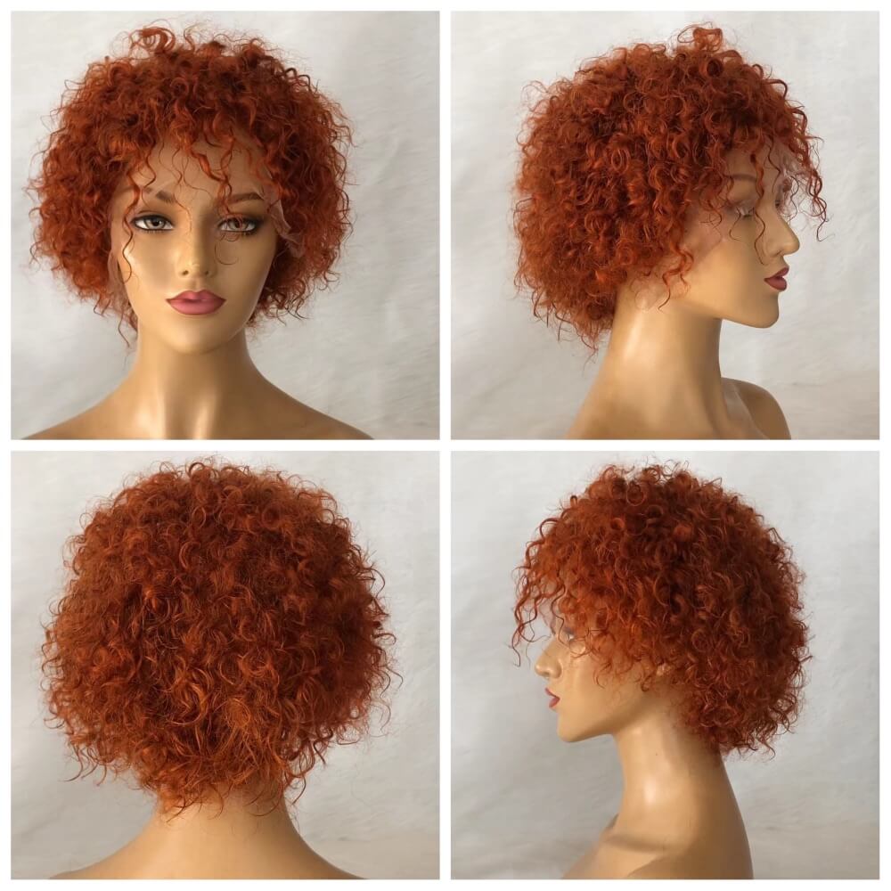 Orange Color curly Pixie Cut Lace Wig Human Hair for African American
