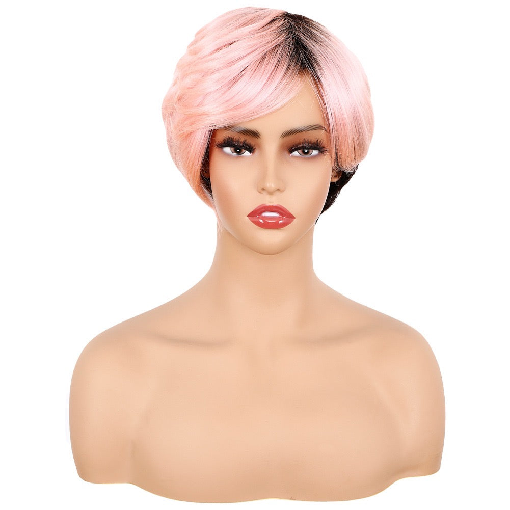 Short Pixie Cut Wig Pink Color with Black Roots Layered Glueless Human Hair Pixie Wig with Bangs for Black Women Non-lace Full Machine Made 