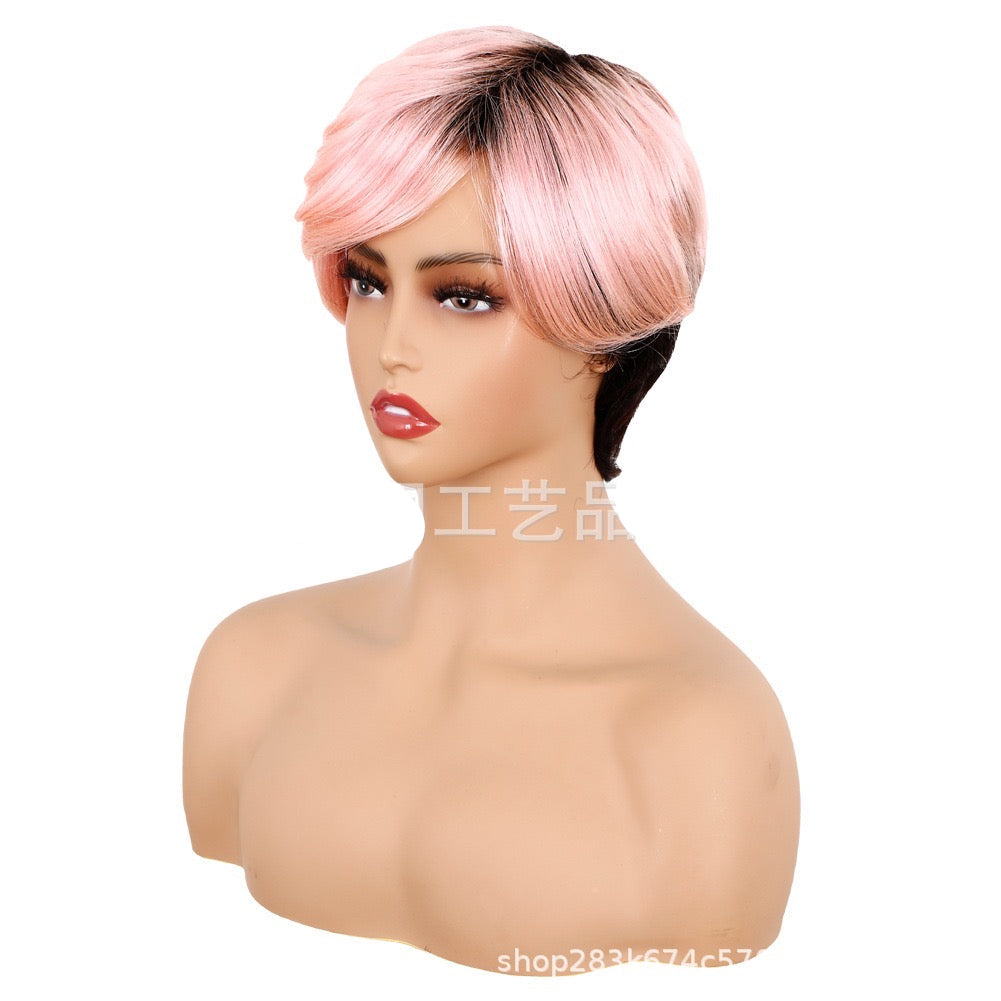 Short Pixie Cut Wig Pink Color with Black Roots Layered Glueless Human Hair Pixie Wig with Bangs for Black Women Non-lace Full Machine Made 