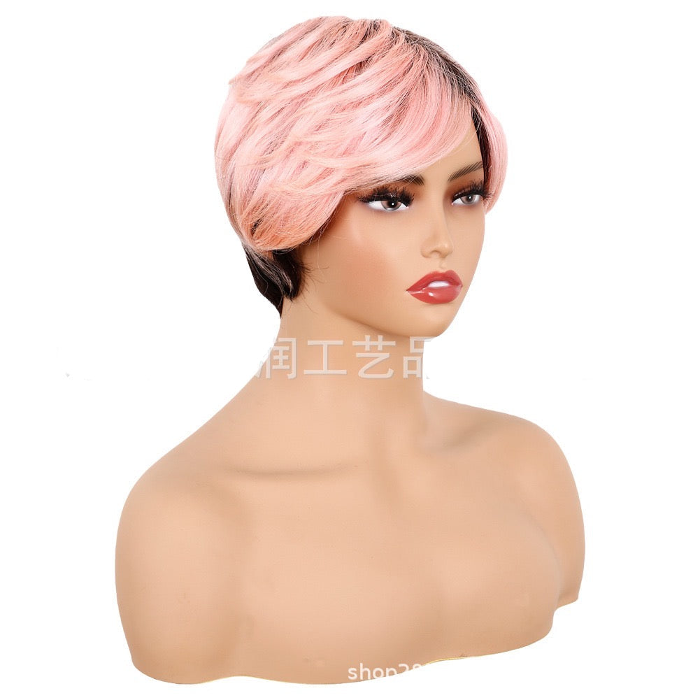 Short Pixie Cut Wig Pink Color with Black Roots Layered Glueless Human Hair Pixie Wig with Bangs for Black Women Non-lace Full Machine Made