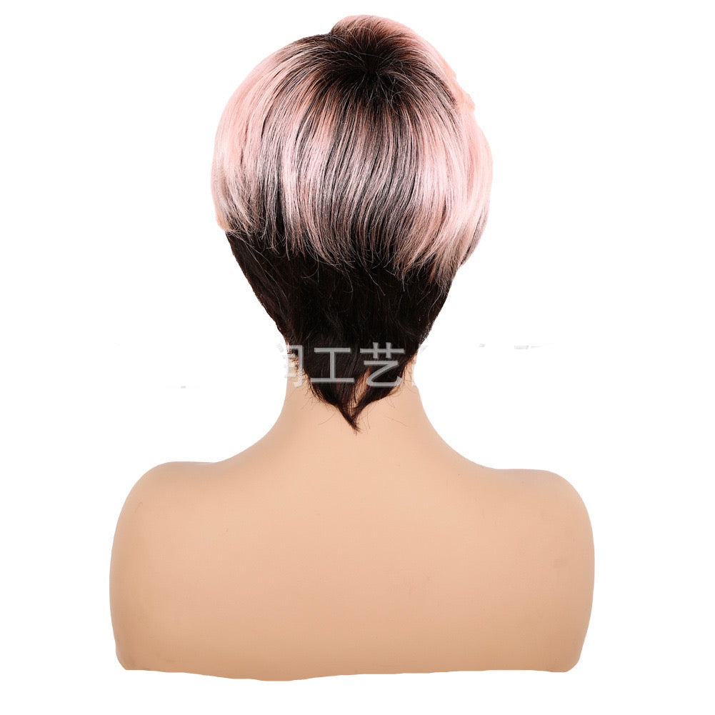 Short Pixie Cut Wig Pink Color with Black Roots Layered Glueless Human Hair Pixie Wig with Bangs for Black Women Non-lace Full Machine Made