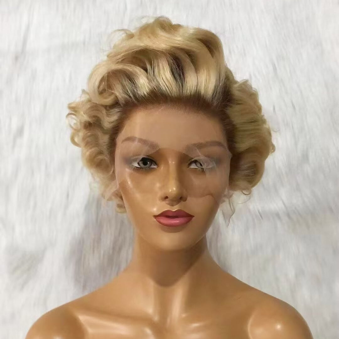 Blonde Ombre Pixie Cut Wig Lace Frontal 13x4 Human Hair for African American