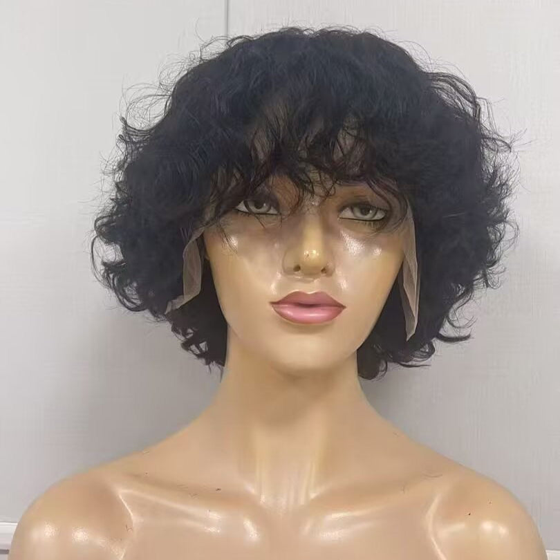 Black Curly Pixie Cut with Bangs Lace Frontal 13x6 Short Human Hair Wig for black women
