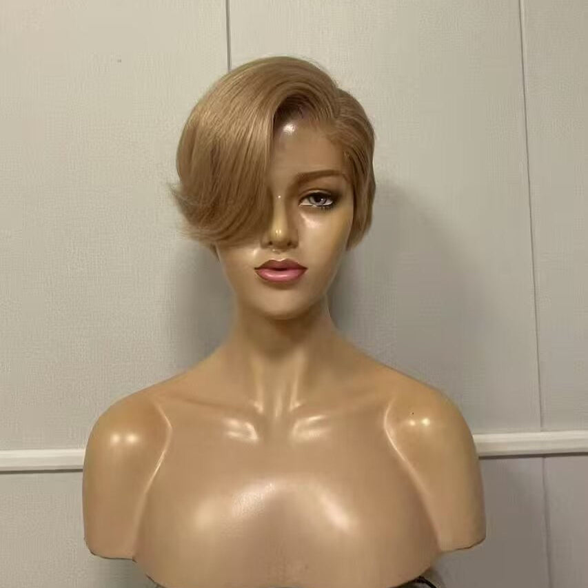 Light Brown Pixie Wig Lace Frontal with Side Part Bangs Straight Human Hair for African American