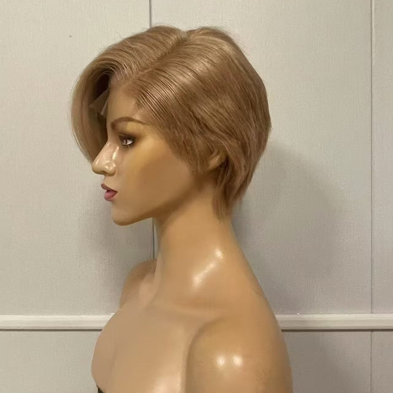 Light Brown Pixie Wig Lace Frontal with Side Part Bangs Straight Human Hair for African American