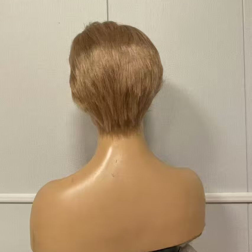 Light Brown Pixie Wig Lace Frontal with Side Part Bangs Straight Human Hair for African American