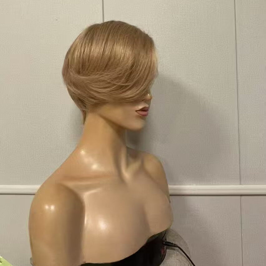 Light Brown Pixie Wig Lace Frontal with Side Part Bangs Straight Human Hair for African American
