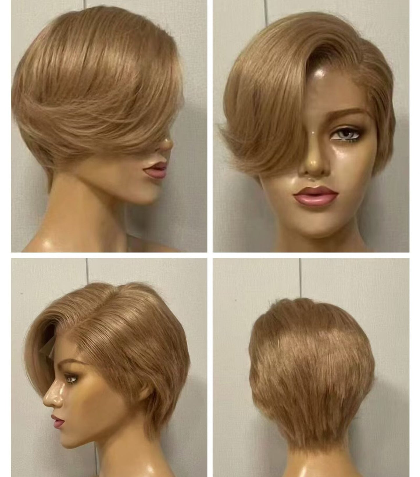 Light Brown Pixie Wig Lace Frontal with Side Part Bangs Straight Human Hair for African American