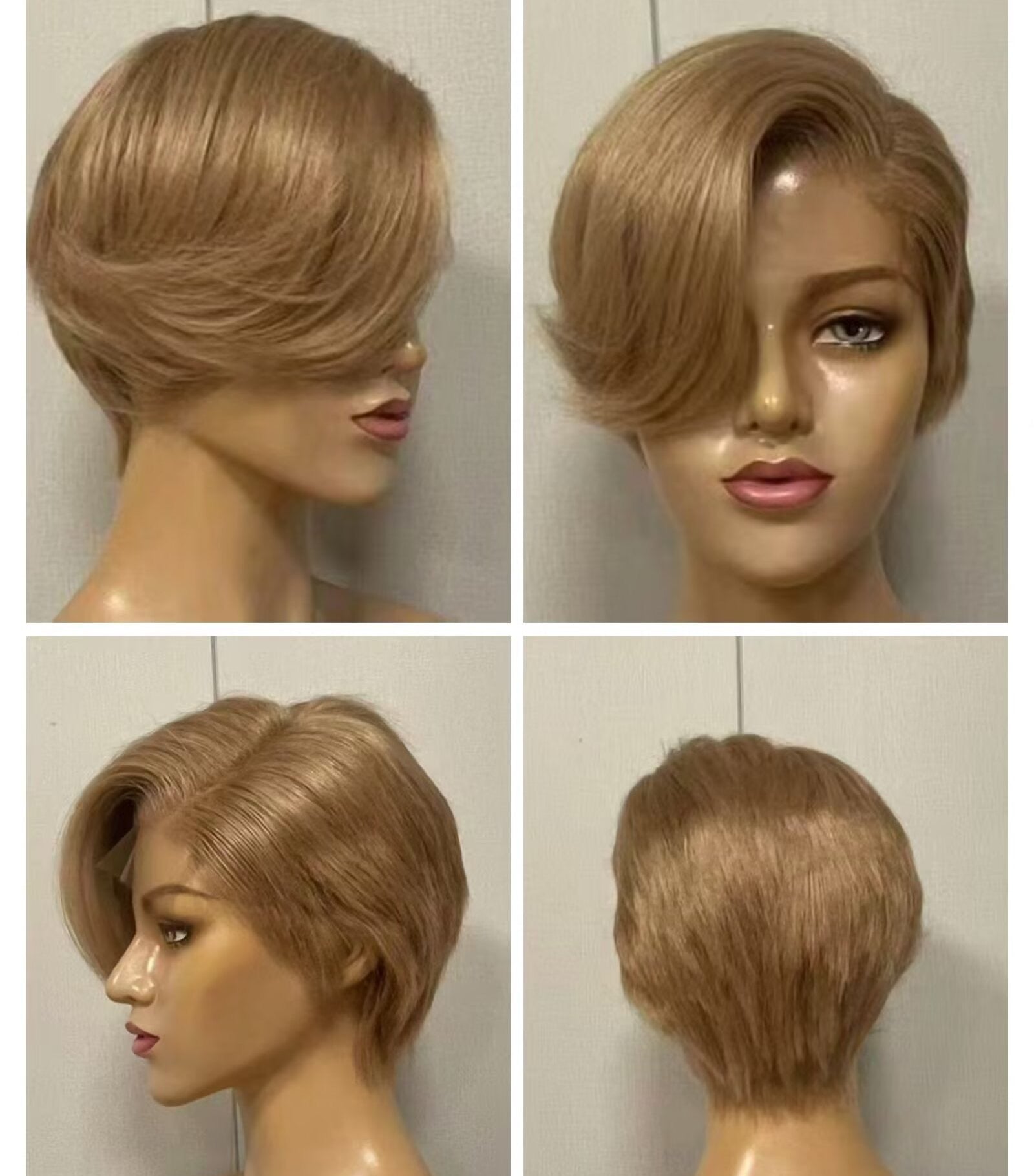 Light Brown Pixie Wig Lace Frontal with Side Part Bangs Straight Human Hair for African American