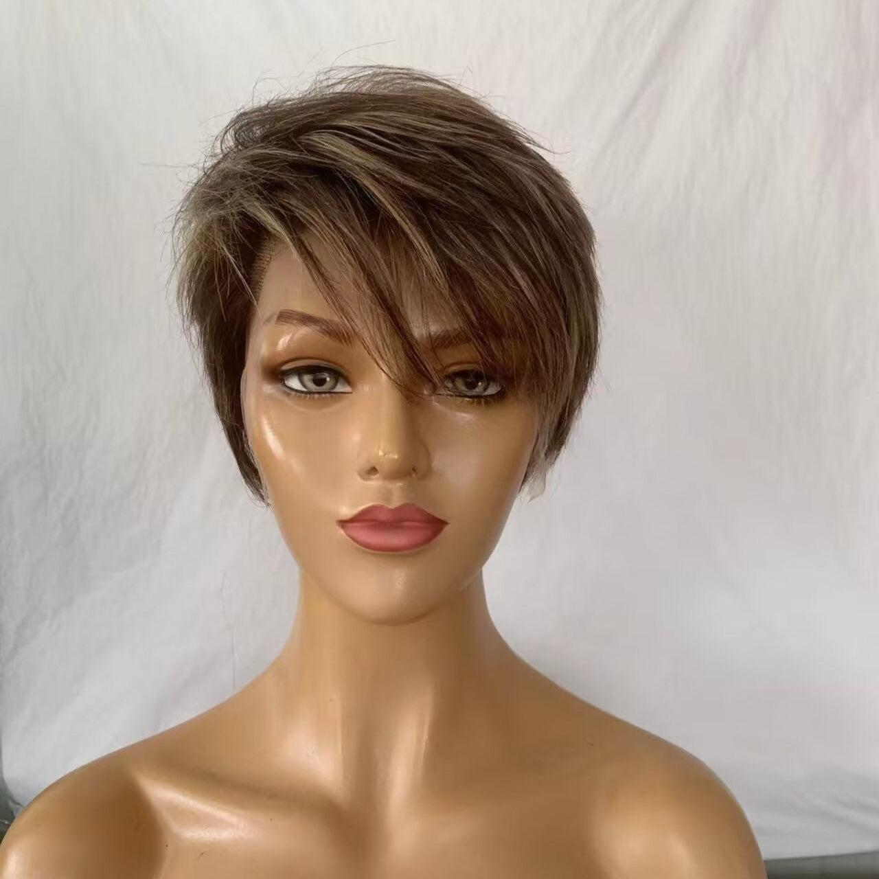 Light Brown Short Pixie Wig Lace Frontal Straight Human Hair for African American