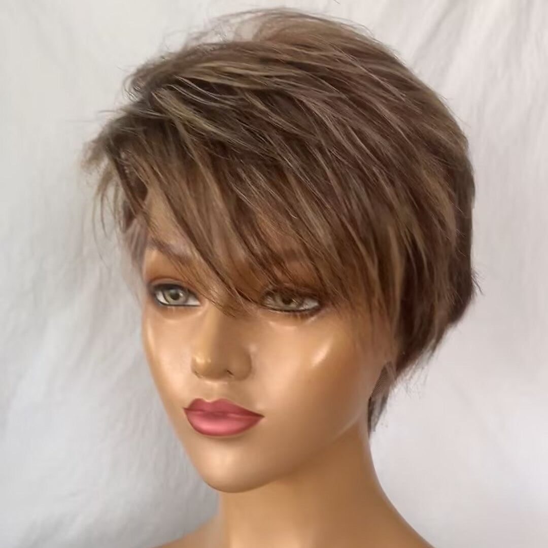 Light Brown Short Pixie Wig Lace Frontal Straight Human Hair for African American