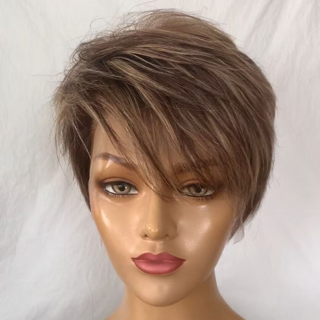 Light Brown Short Pixie Wig Lace Frontal Straight Human Hair for African American