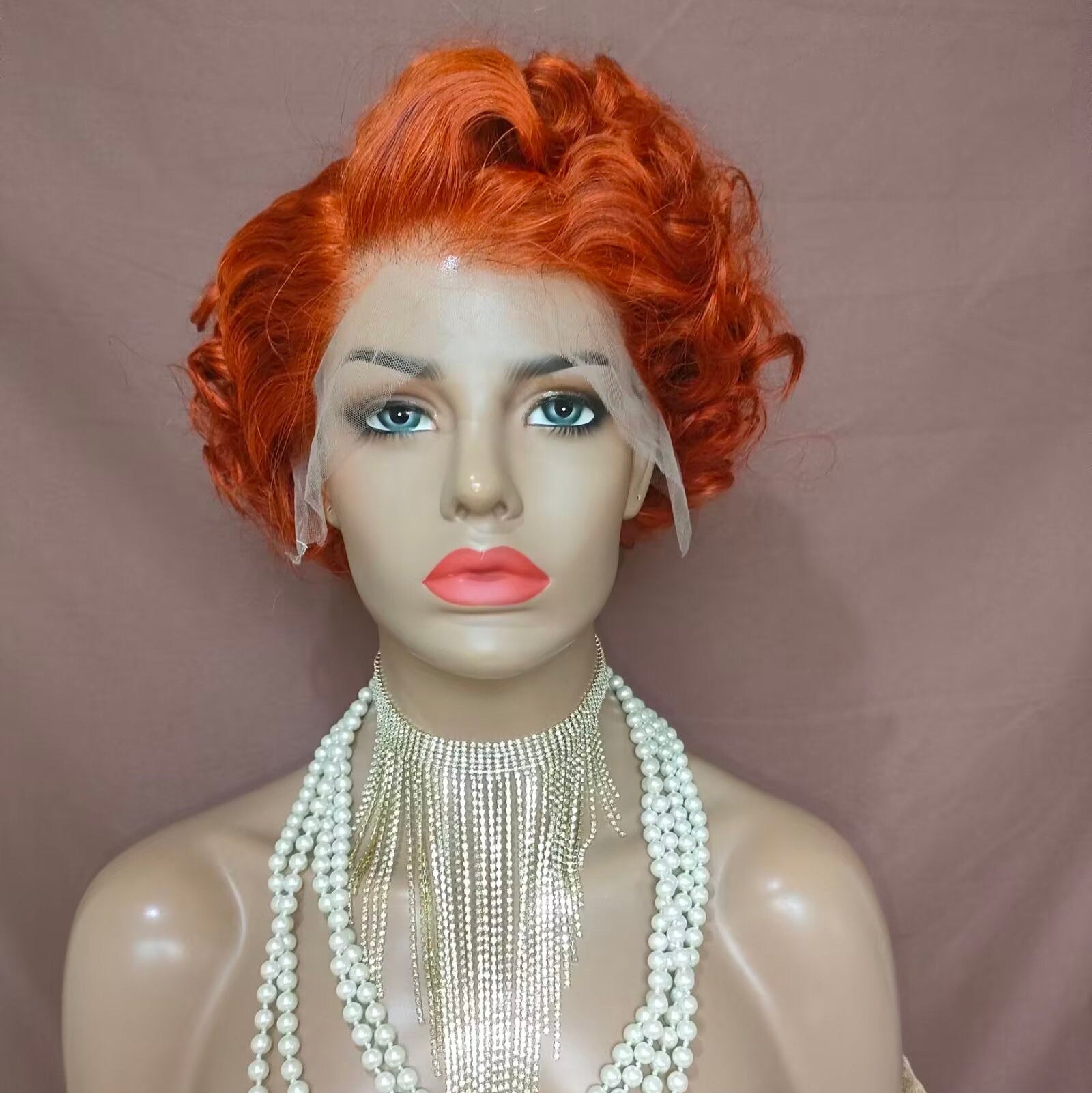 Orange Pixie Cut Wig Lace Frontal Curly Human Hair for African American