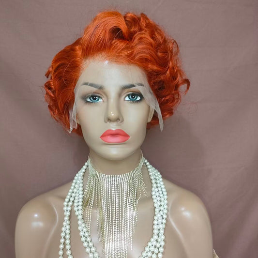 Orange Pixie Cut Wig Lace Frontal Curly Human Hair for African American