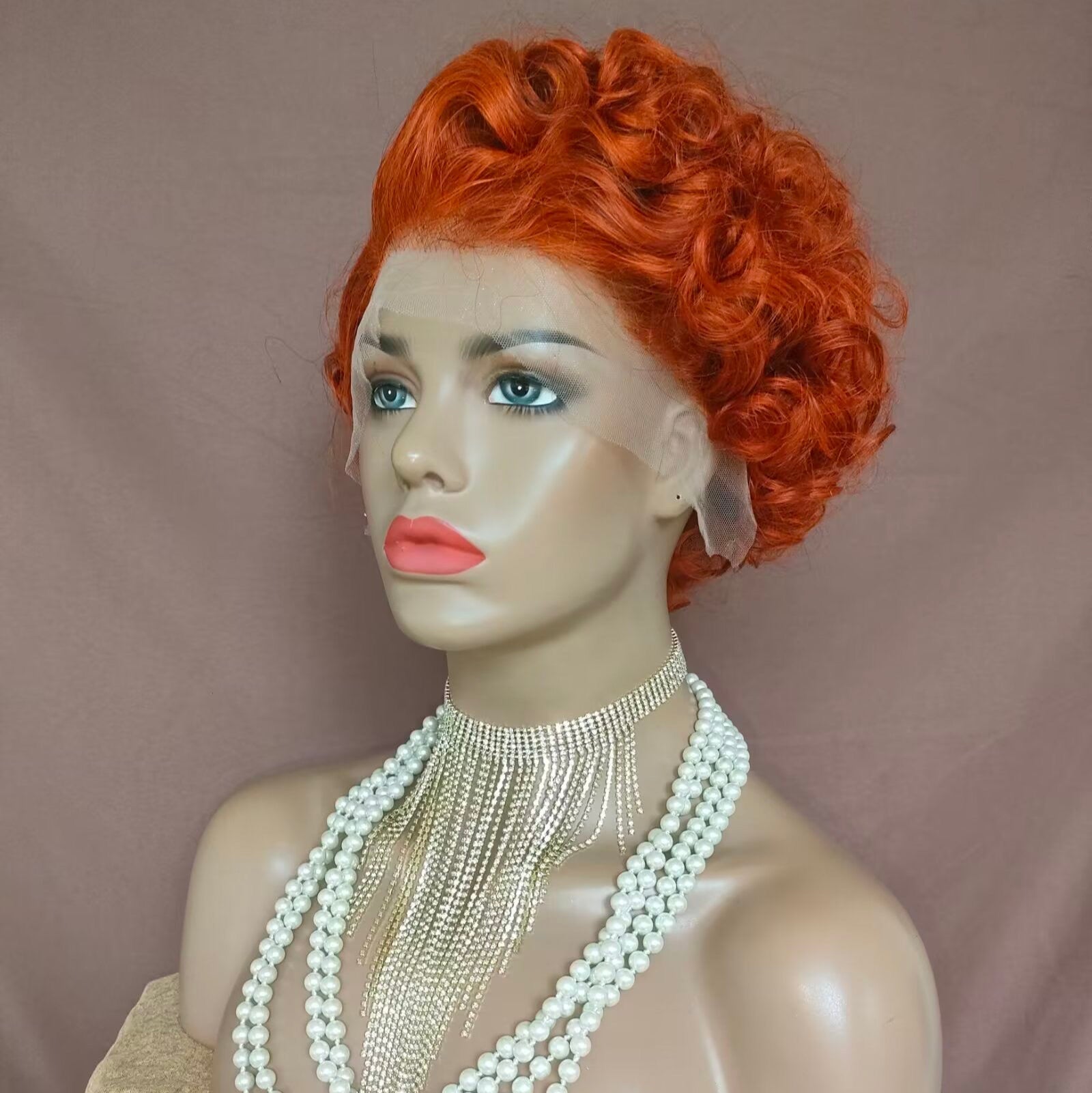 Orange Pixie Cut Wig Lace Frontal Curly Human Hair for African American