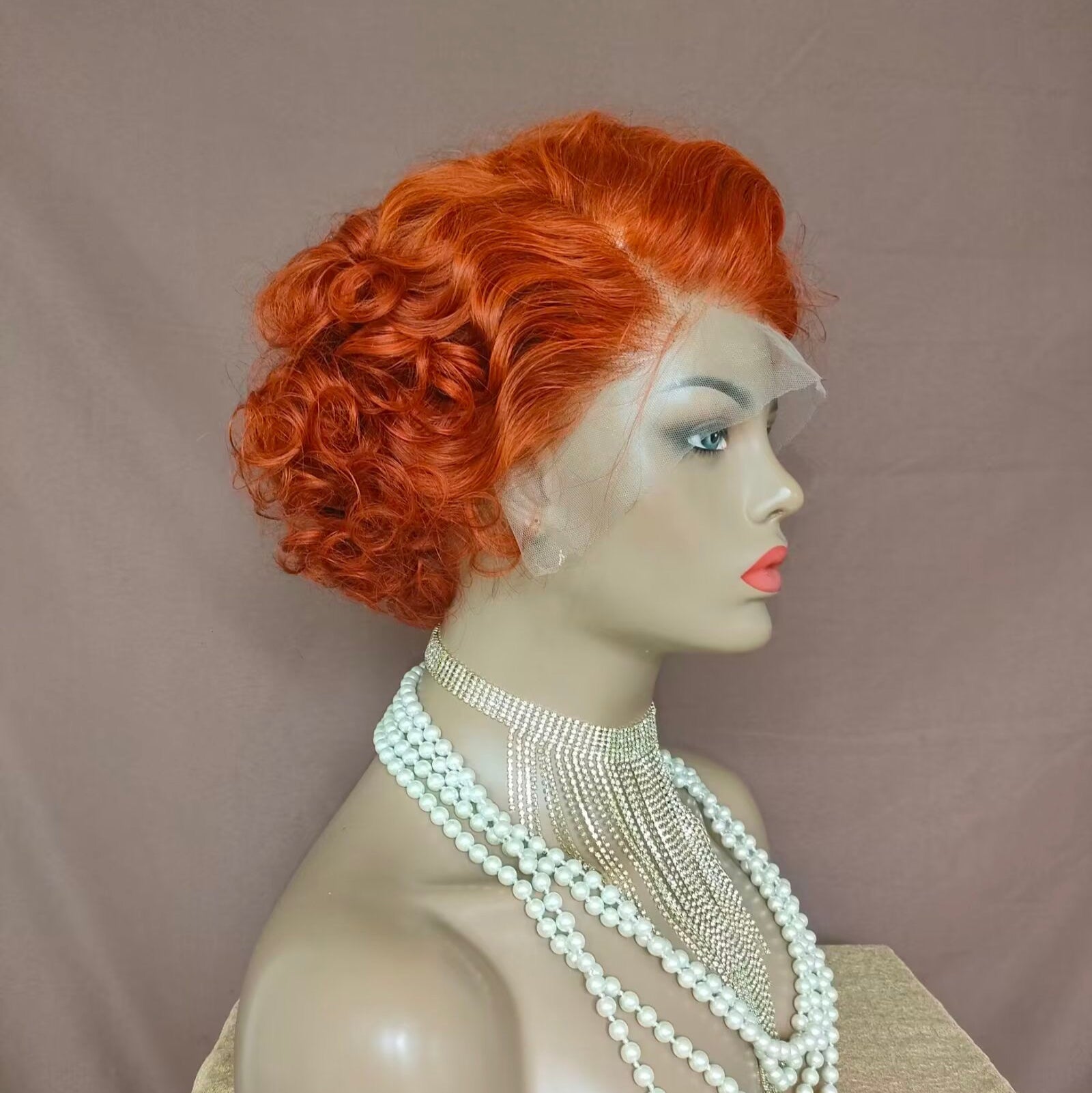 Orange Pixie Cut Wig Lace Frontal Curly Human Hair for African American