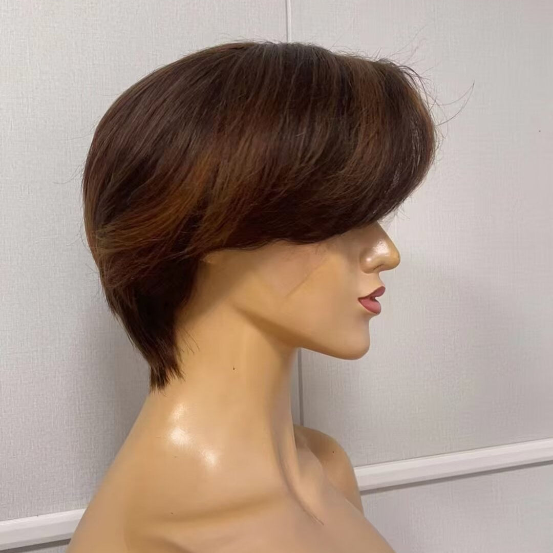 Brown Short Pixie Wig Lace Frontal Human Hair with Side Part African American