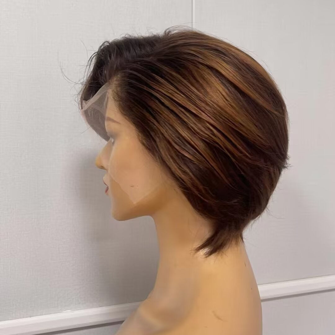 Brown Short Pixie Wig Lace Frontal Human Hair with Side Part African American