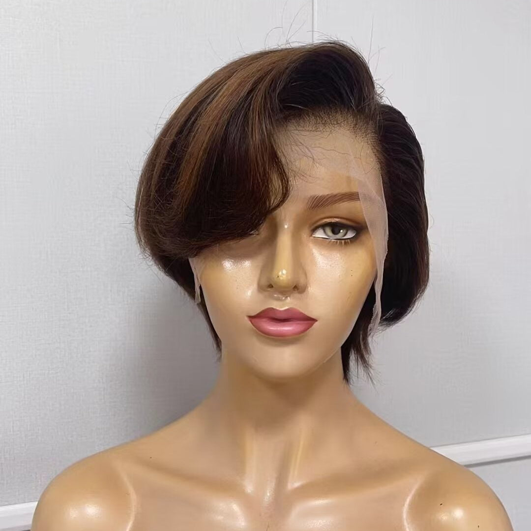 Brown Short Pixie Wig Lace Frontal Human Hair with Side Part African American