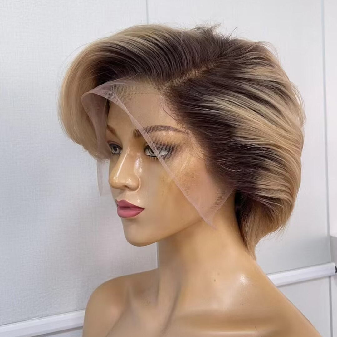Brown Ombre Short Pixie Wig Lace Frontal Human Hair Side Part African American